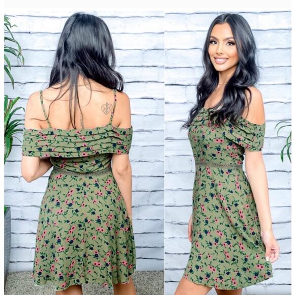Verte Women's Junior Off Shoulder Fit & Flare Mini Dress in Olive Green Floral - Picture 11 of 11